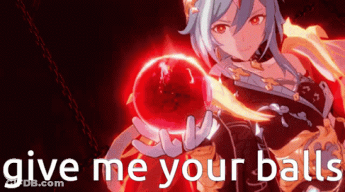 Video Game Character Holding Red Apple Saying Give Me Your Balls GIF