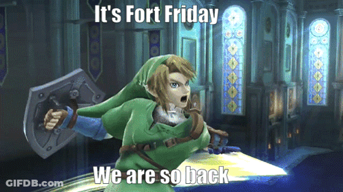 Video Game Character Holding Sword And Shield Says It's Fort Friday We Are So Back GIF