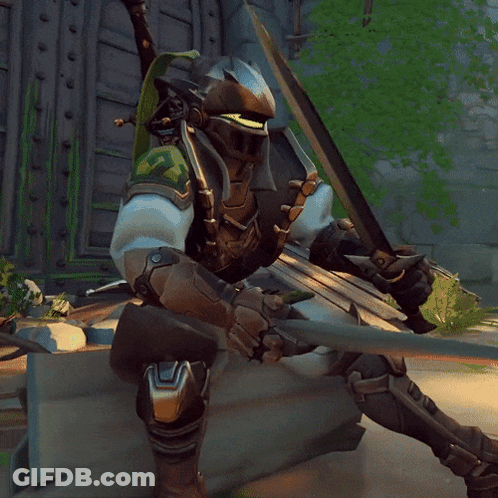 Video Game Character Holding Sword In Front Of Gate GIF