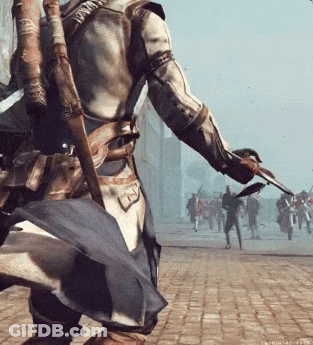 Video Game Character Holding Sword Walking Down Street GIF
