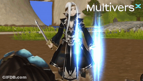 Video Game Character Holding Sword With Multivers Above Her GIF