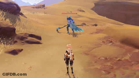 Video Game Character In Desert With Monster And LV 108 Red Circle GIF