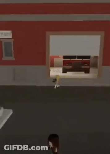 Video Game Character In Front Of Building With Fire Sign GIF