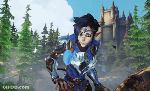 Video Game Character In Front Of Castle And Trees GIF