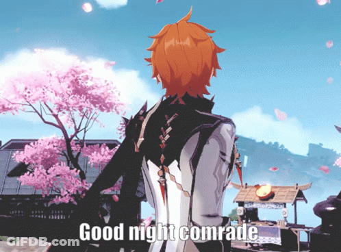 Video Game Character In Front Of Cherry Blossom Tree Saying Good Night Comrade GIF