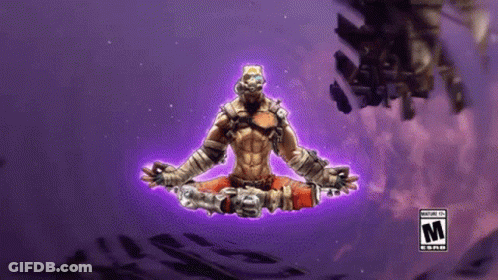 Video Game Character In Lotus Position With Purple Background And Letter M GIF
