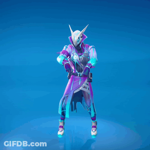 Video Game Character In Purple And Blue Outfit With Horns GIF
