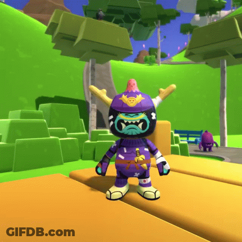 Video Game Character In Purple Samurai Outfit Standing On Table GIF