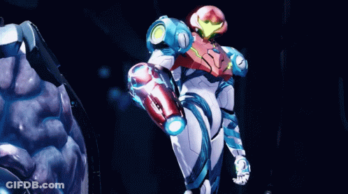 Video Game Character In Red And White Suit Holding Gun GIF