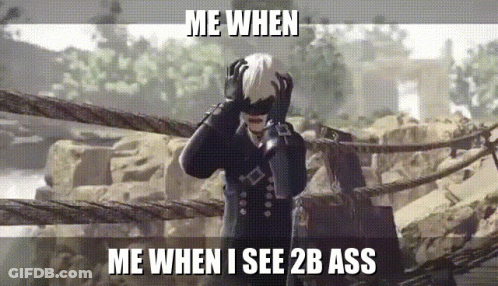 Video Game Character On Bridge Saying Me When I See 2B Ass GIF