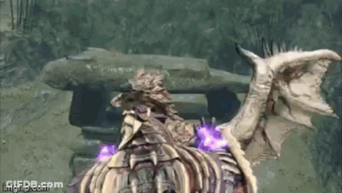 Video Game Character Riding Dragon In Front Of Statue GIF