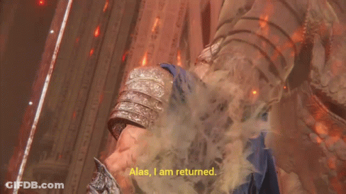 Video Game Character Saying Alas I Am Returned With Sword And Shield GIF