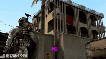 Video Game Character Saying No In Front Of Building GIF