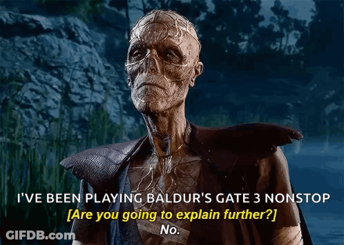 Video Game Character Says I've Been Playing Baldur's Gate 3 Nonstop GIF