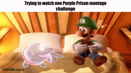 Video Game Character Sitting On Bed Trying To Watch One Purple Prison Montage Challenge GIF