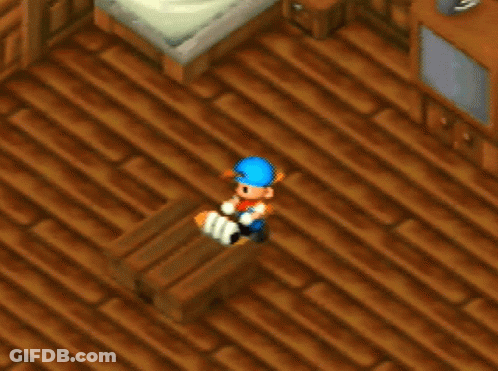 Video Game Character Sitting On Wooden Table GIF