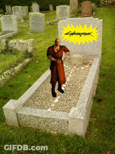 Video Game Character Standing At Grave With Cyberpunk Sticker GIF