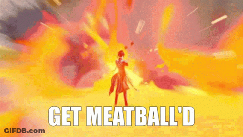 Video Game Character Standing In Front Of Explosion Saying Get Meatball D GIF