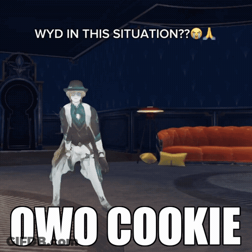 Video Game Character Standing In Room With Text Owo Cookie GIF