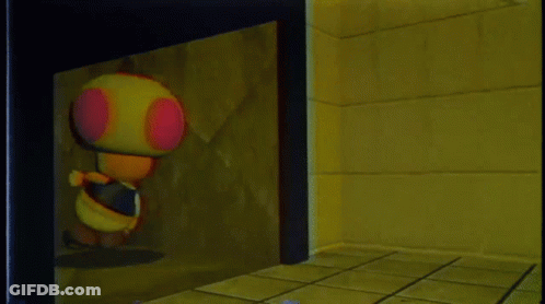 Video Game Character Standing Next To Stuffed Animal In Dark Room GIF