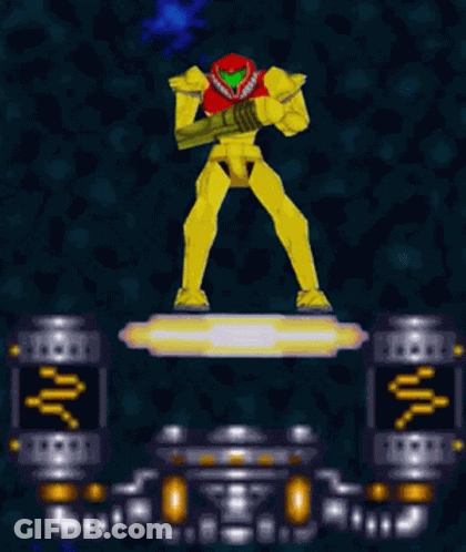 Video Game Character Standing On Platform Holding Gun In Dark Room GIF