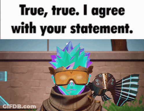 Video Game Character With Blue And Purple Hair And Goggles Says True True I Agree With Your Statement GIF