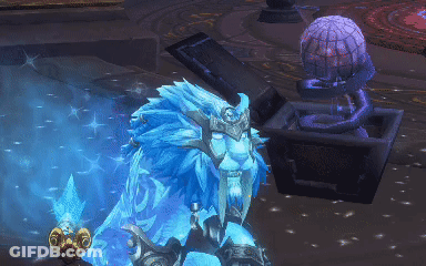 Video Game Character With Blue Hair And Beard Standing In Front Of Statue GIF