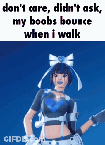 Video Game Character With Bow Says Don't Care Didn't Ask My Boobs Bounce GIF