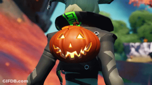 Video Game Character With Carved Pumpkin On Back GIF