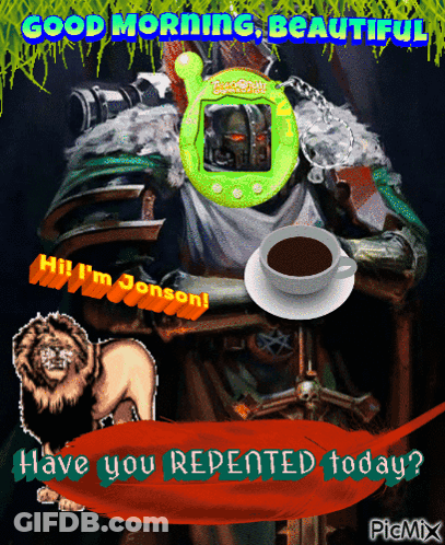 Video Game Character With Coffee Saying Have You Repented Today GIF