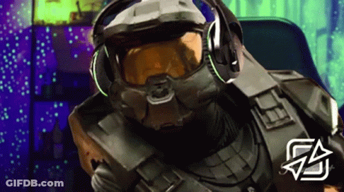 Video Game Character With Headphones And Halo Logo GIF