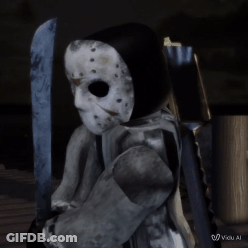 Video Game Character With Jason Voorhees Mask Holding Large Knife GIF