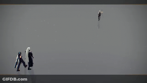 Video Game Character With Long White Hair Standing Next To Character GIF