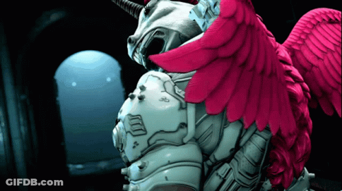 Video Game Character With Pink Wings And Unicorn Helmet GIF