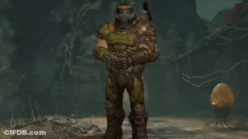 Video Game Character With Slayer Helmet GIF