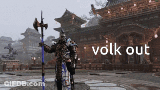 Video Game Character With Sword And Shield In Front Of Volks Out Building GIF