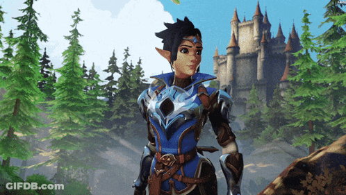 Video Game Character With Sword In Front Of Castle GIF