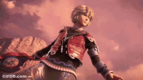 Video Game Character With Sword In Front Of Mountain GIF