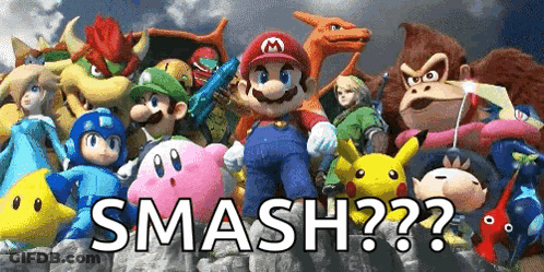 Video Game Characters Standing Next To Each Other Saying Smash GIF