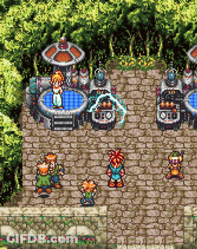 Video Game Group Standing Around Brick Walkway GIF