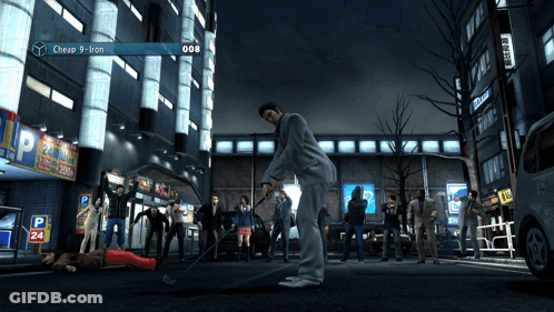 Video Game Man In Front Of Cheap 9 Iron Sign GIF