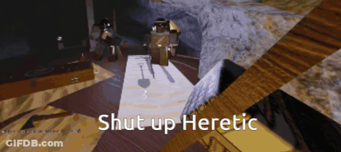 Video Game Scene Saying Shut Up Heretic GIF