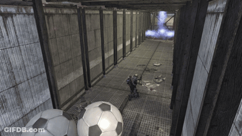 Video Game Scene With Soccer Balls And Soldier GIF