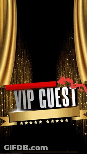 VIP Guest Sign With Gold Curtains GIF