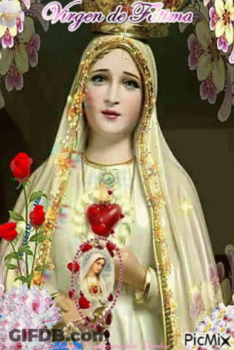 Virgin Mary Statue Surrounded By Flowers And Rosary GIF