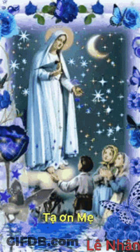 Virgin Mary Surrounded By Blue Roses GIF