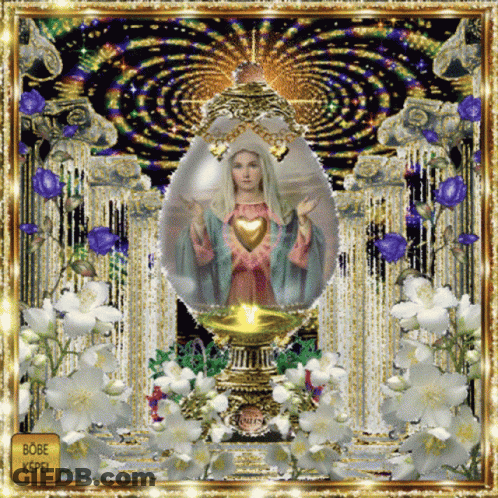 Virgin Mary With Flowers And Bobe Kepei Button GIF