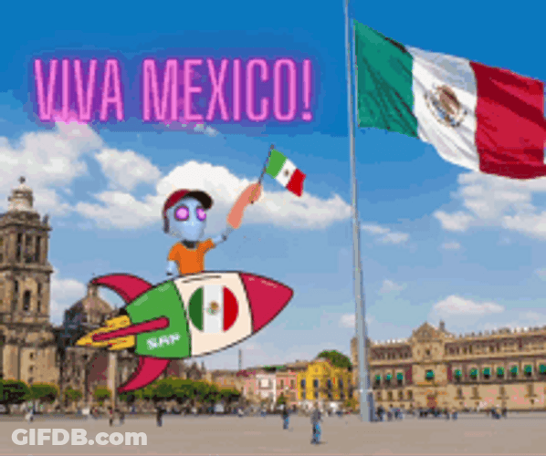Viva Mexico Cartoon Riding Spaceship GIF