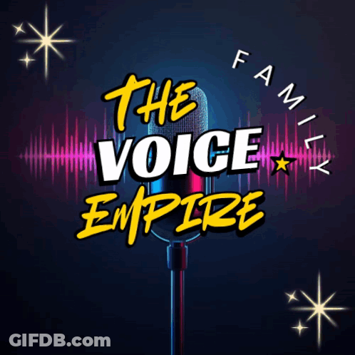 Voice Empire Poster With Microphone And Cartoon Characters GIF