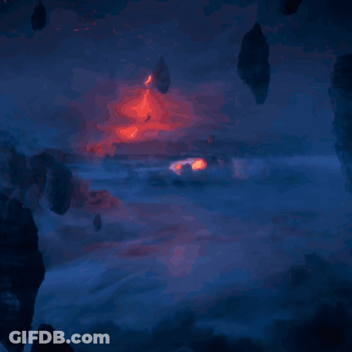 Volcano At Sunset With Floating Islands GIF